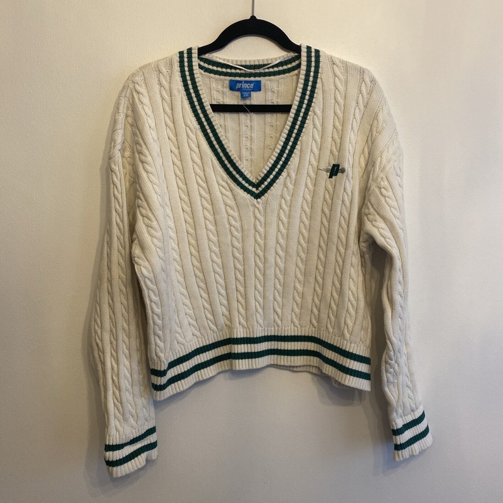 Prince Pickleball Size‎ XXL Cable Knit Sweater Green Stripes Cropped Cotton